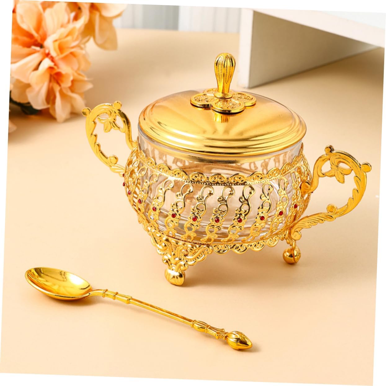 Kitchen Gadgets Gold - 뚜껑과 숟가락이있는 설탕 그릇 금 유리