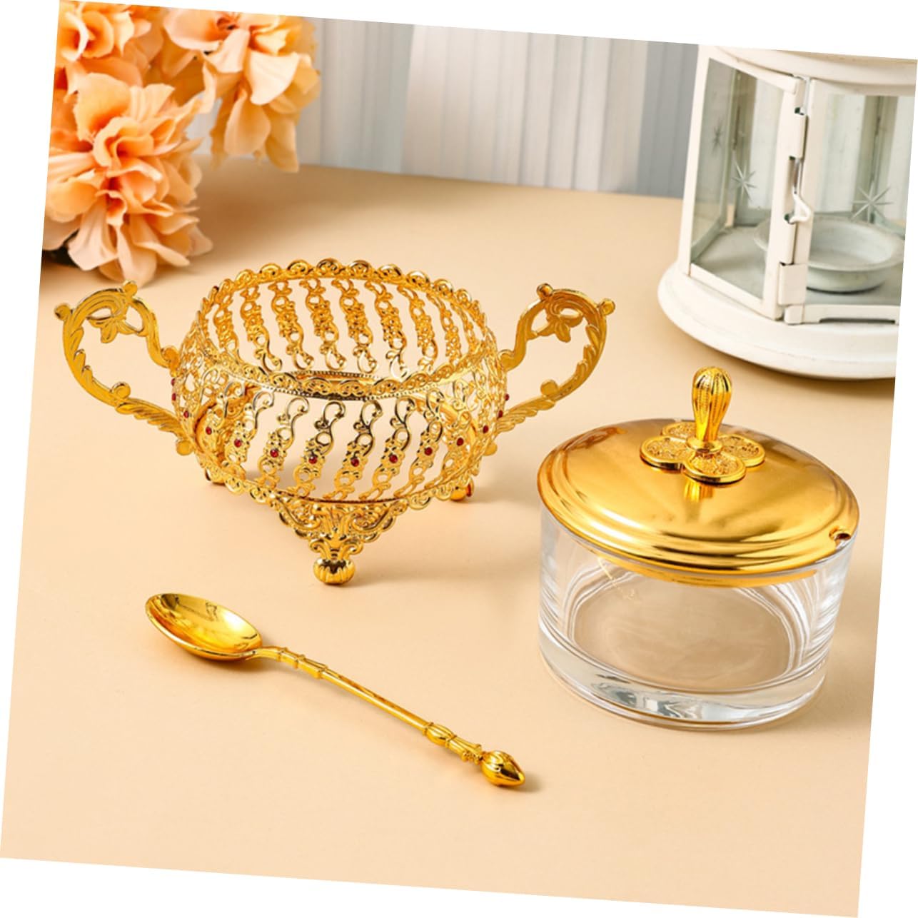 뚜껑과 숟가락이있는 설탕 그릇 금 유리 조미료 양념 항 - Kitchen Gadgets Gold 리뷰 및 가격