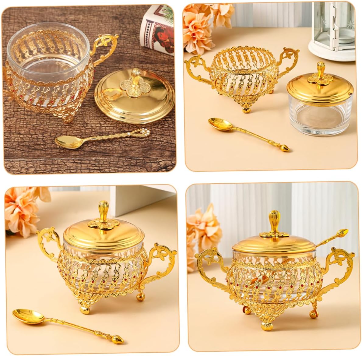뚜껑과 숟가락이있는 설탕 그릇 금 유리 조미료 양념 항 - Kitchen Gadgets Gold 리뷰 및 가격